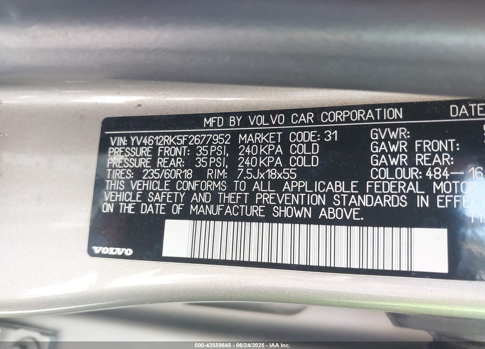 2015 VOLVO XC60 VIN: YV4612RK5F2677952