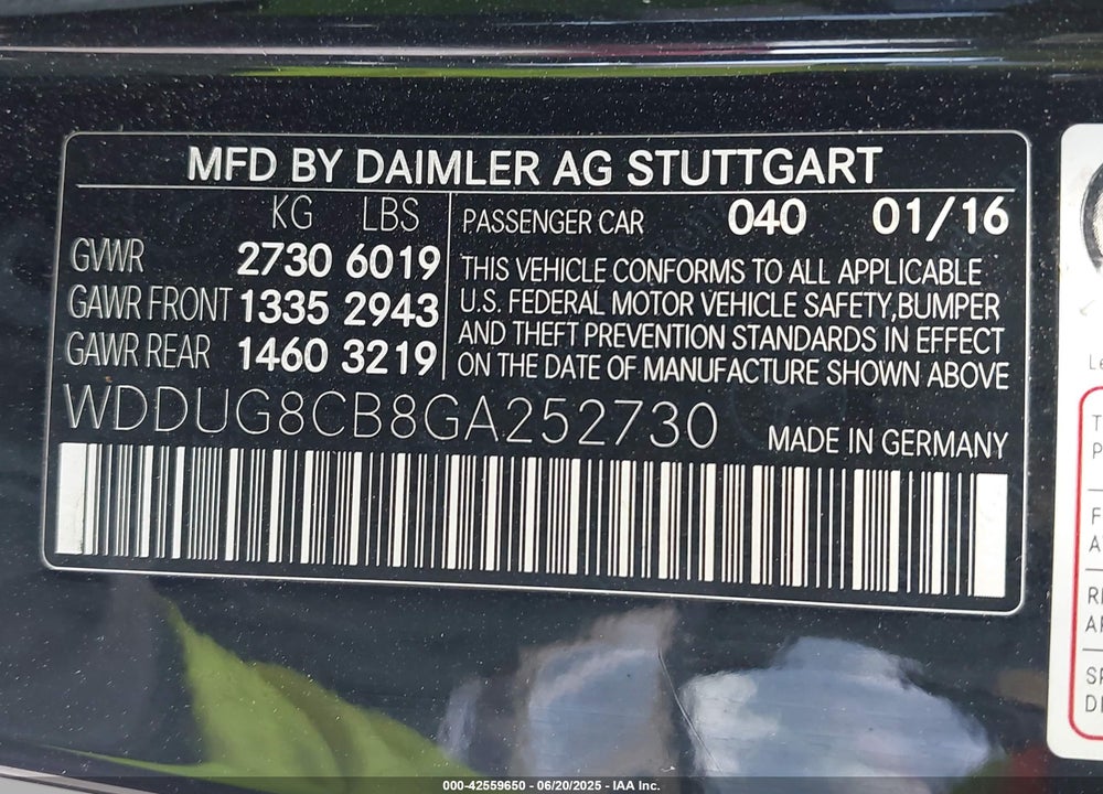 2016 MERCEDES-BENZ S CLASS VIN: WDDUG8CB8GA252730