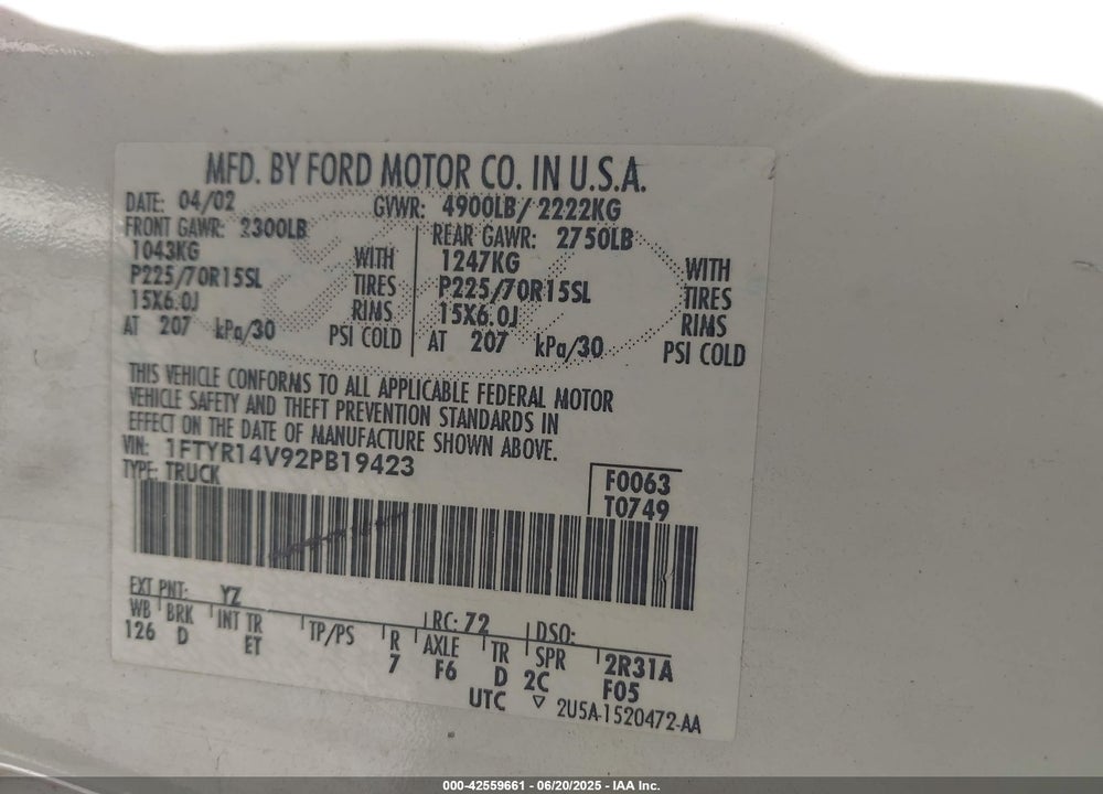 2002 FORD RANGER EDGE/TREMOR/XL/XLT VIN: 1FTYR14V92PB19423