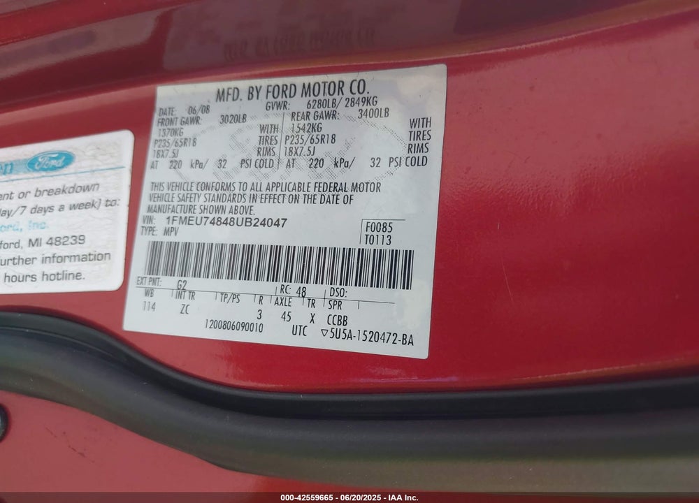 2008 FORD EXPLORER VIN: 1FMEU74848UB24047
