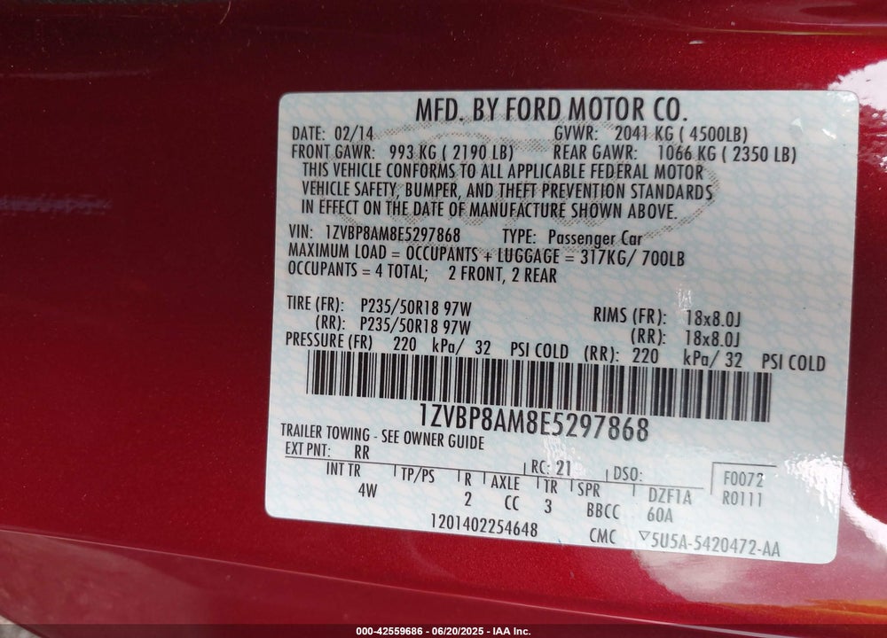 2014 FORD MUSTANG VIN: 1ZVBP8AM8E5297868