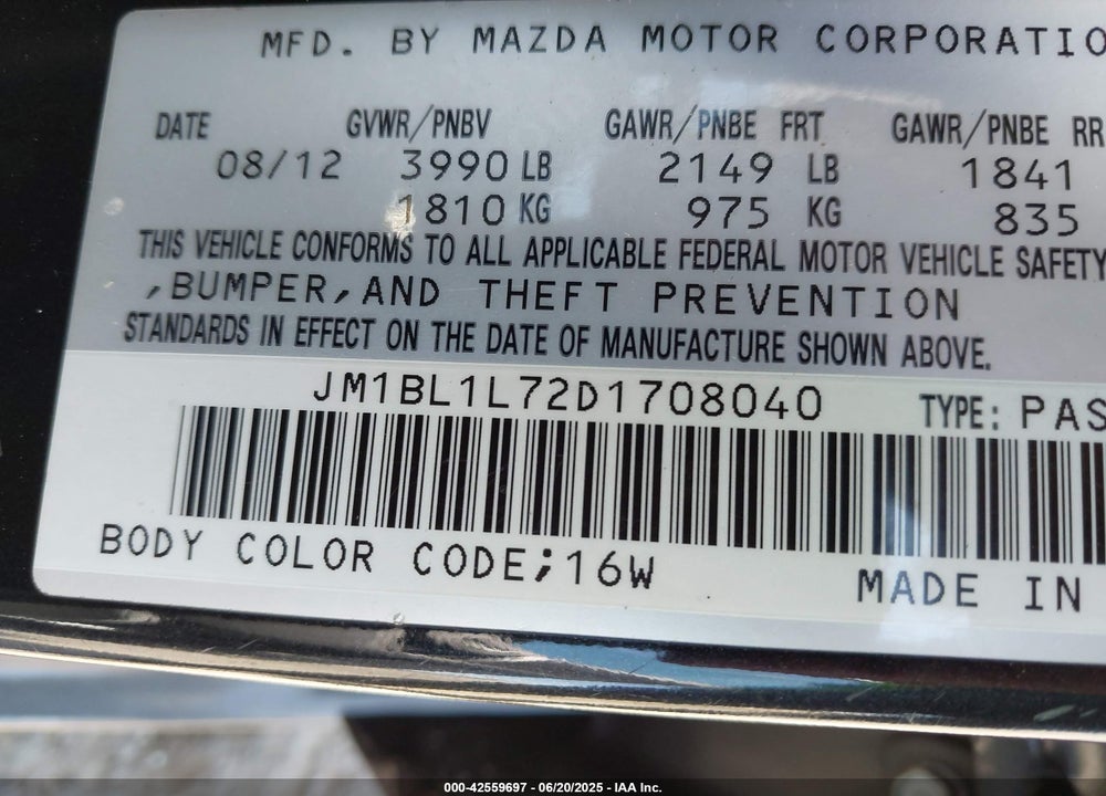 2013 MAZDA 3 I TOURING VIN: JM1BL1L72D1708040