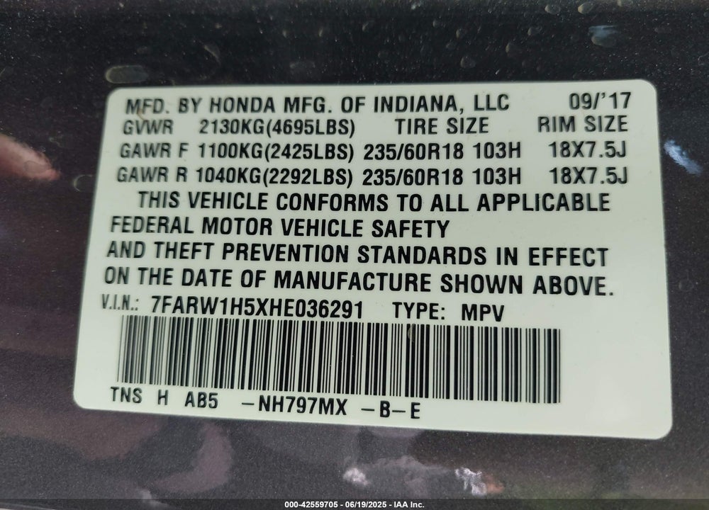 2017 HONDA CR-V VIN: 7FARW1H5XHE036291
