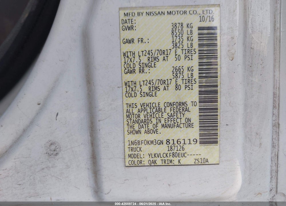 2016 NISSAN NV CARGO NV1500 S V6 VIN: 1N6BF0KM3GN816119