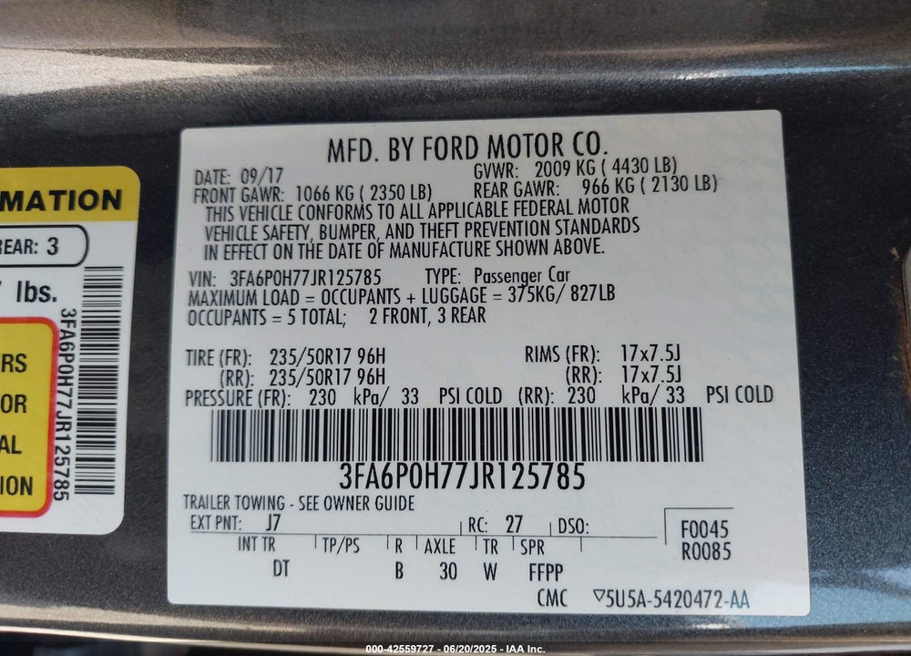 2018 FORD FUSION VIN: 3FA6P0H77JR125785