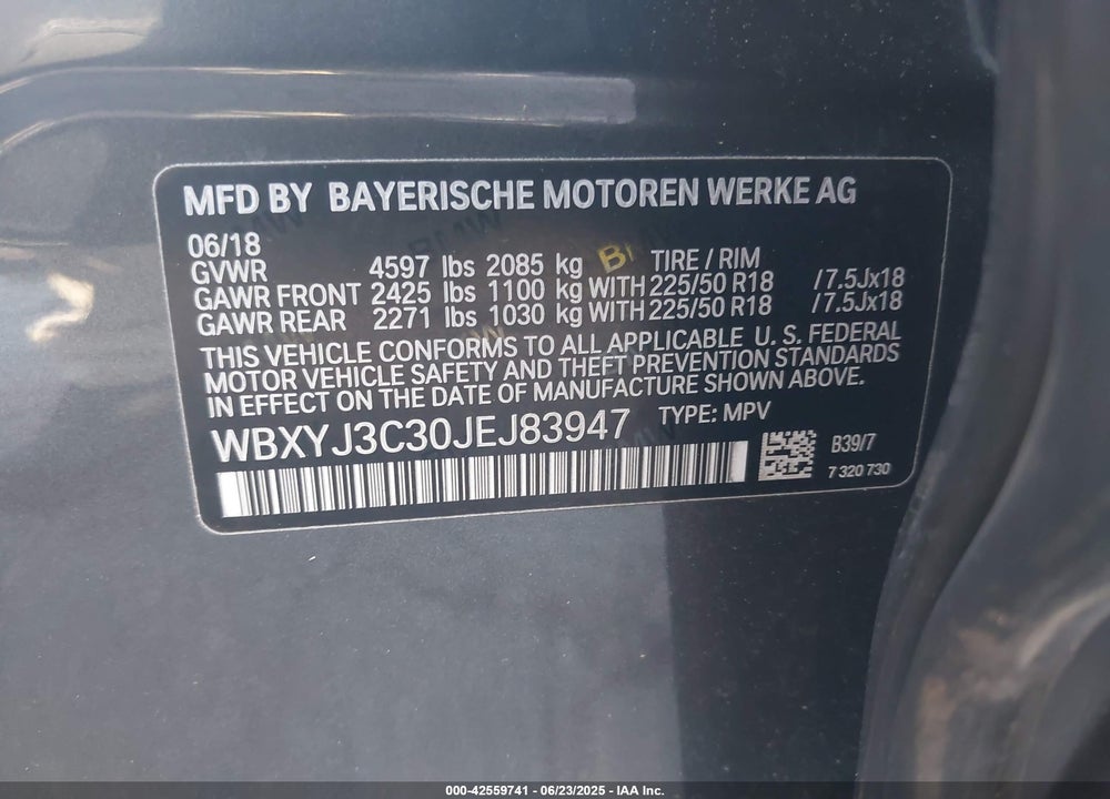 2018 BMW X2 VIN: WBXYJ3C30JEJ83947