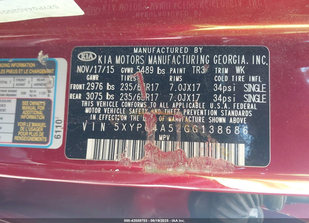 2016 KIA SORENTO VIN: 5XYPG4A52GG138686