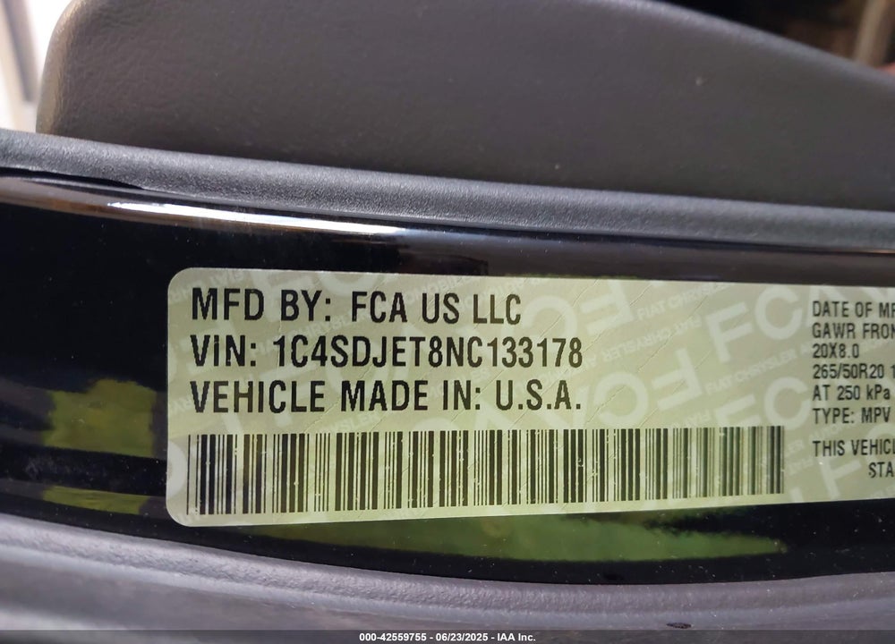 2022 DODGE DURANGO VIN: 1C4SDJET8NC133178