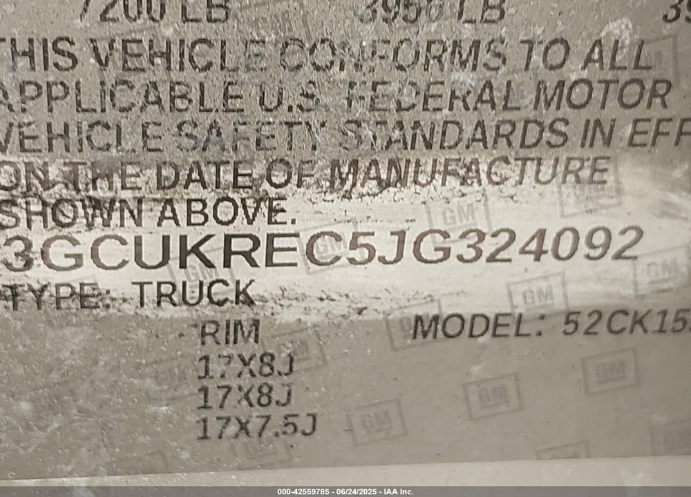 2018 CHEVROLET SILVERADO 1500 VIN: 3GCUKREC5JG324092