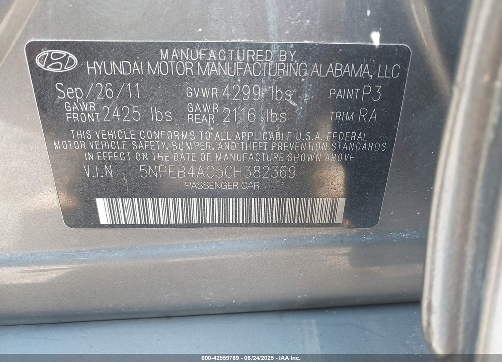 2012 HYUNDAI SONATA VIN: 5NPEB4AC5CH382369