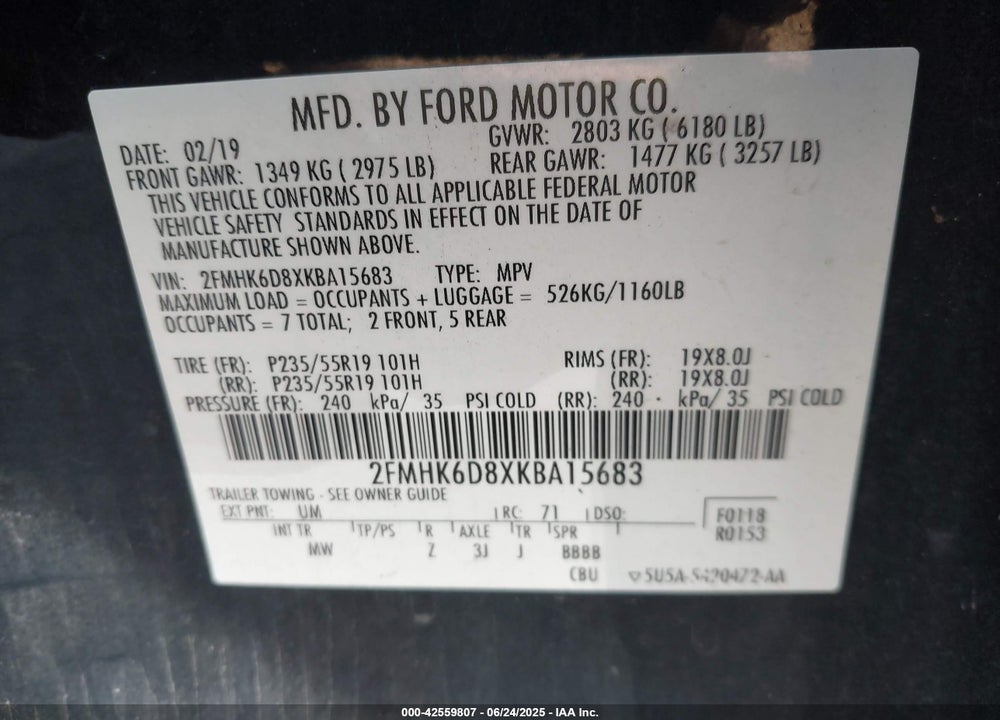 2019 FORD FLEX VIN: 2FMHK6D8XKBA15683