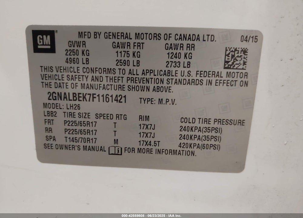 2015 CHEVROLET EQUINOX VIN: 2GNALBEK7F1161421