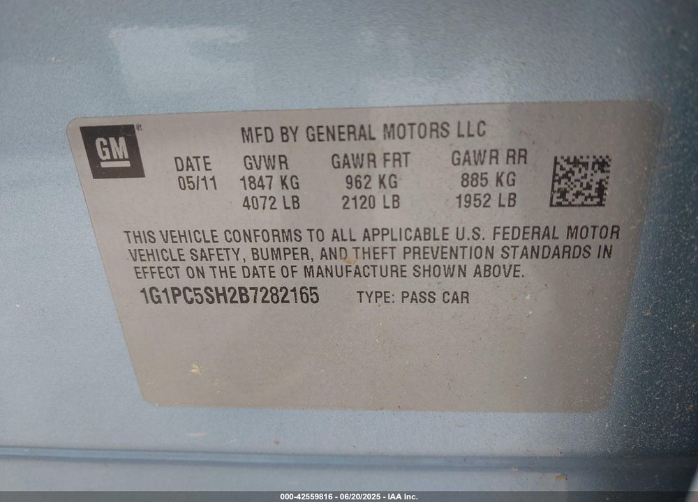 2011 CHEVROLET CRUZE LS VIN: 1G1PC5SH2B7282165