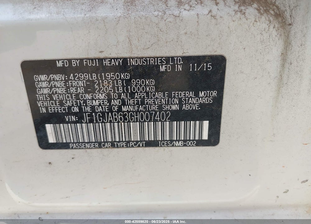 2016 SUBARU IMPREZA VIN: JF1GJAB63GH007402