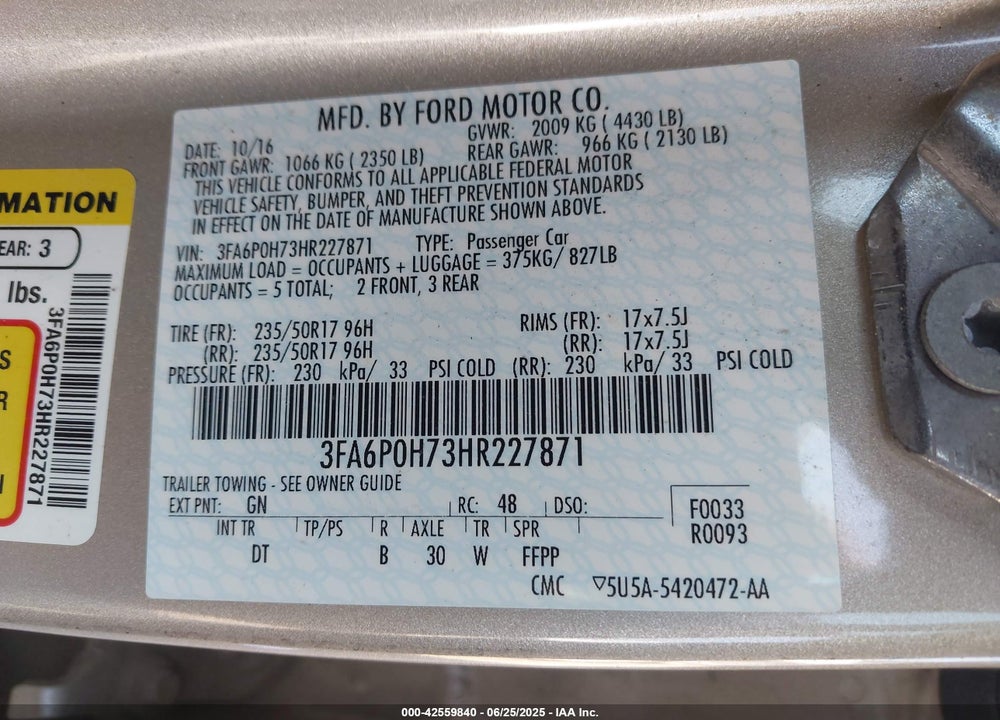 2017 FORD FUSION SE VIN: 3FA6P0H73HR227871