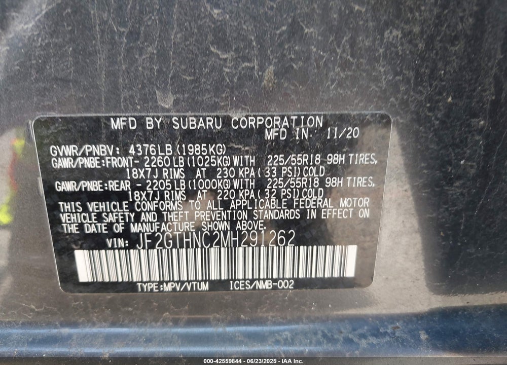 2021 SUBARU CROSSTREK VIN: JF2GTHNC2MH291262
