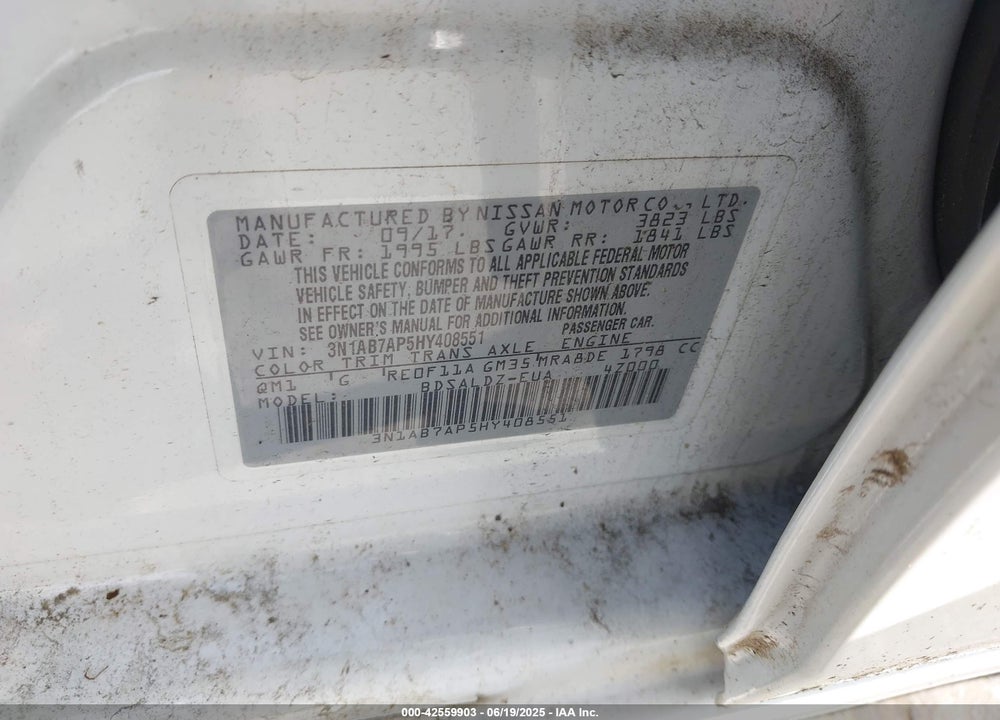 2017 NISSAN SENTRA VIN: 3N1AB7AP5HY408551