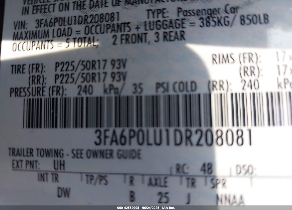 2013 FORD FUSION VIN: 3FA6P0LU1DR208081