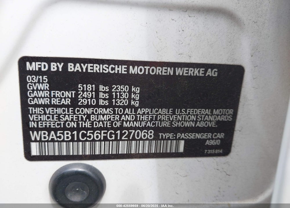 2015 BMW 535I VIN: WBA5B1C56FG127068