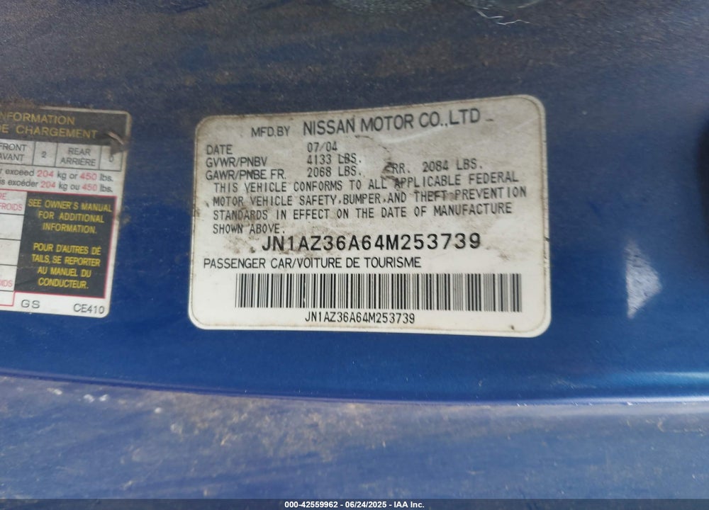 2004 NISSAN 350Z TOURING VIN: JN1AZ36A64M253739