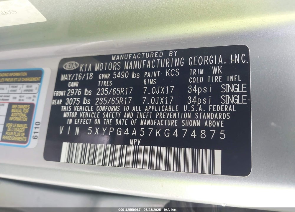2019 KIA SORENTO VIN: 5XYPG4A57KG474875