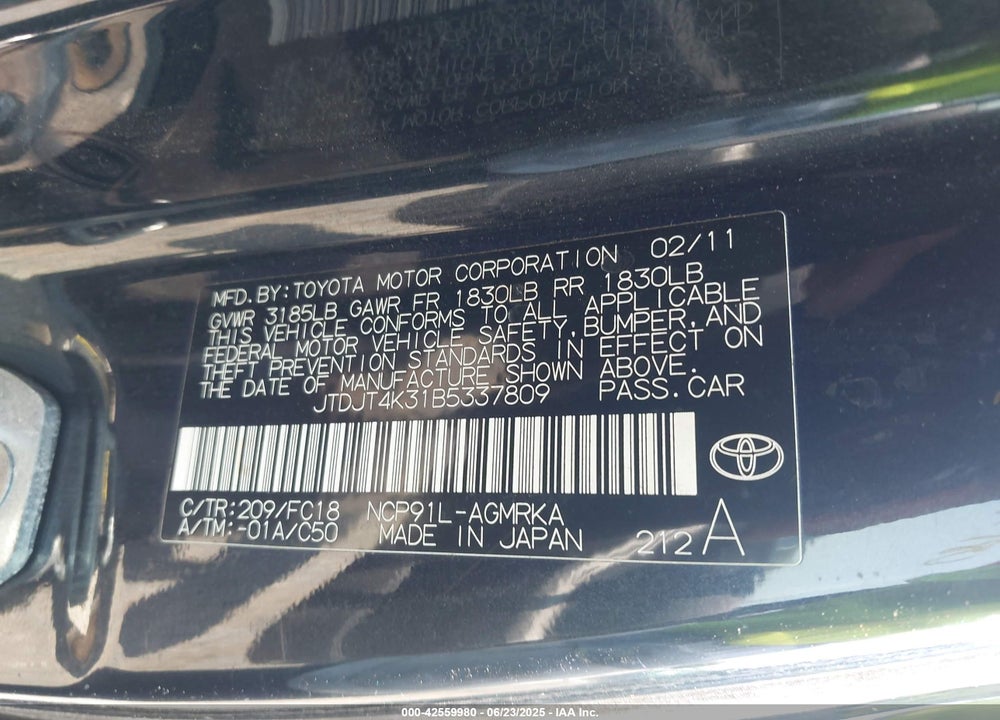 2011 TOYOTA YARIS VIN: JTDJT4K31B5337809
