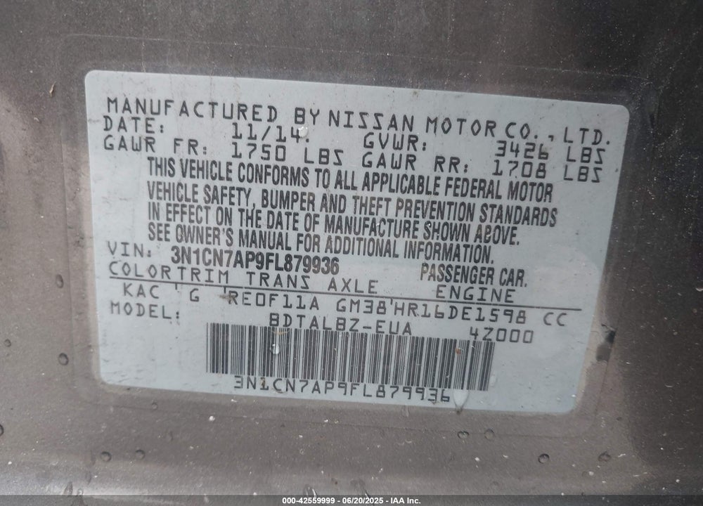 2015 NISSAN VERSA 1.6 SV VIN: 3N1CN7AP9FL879936