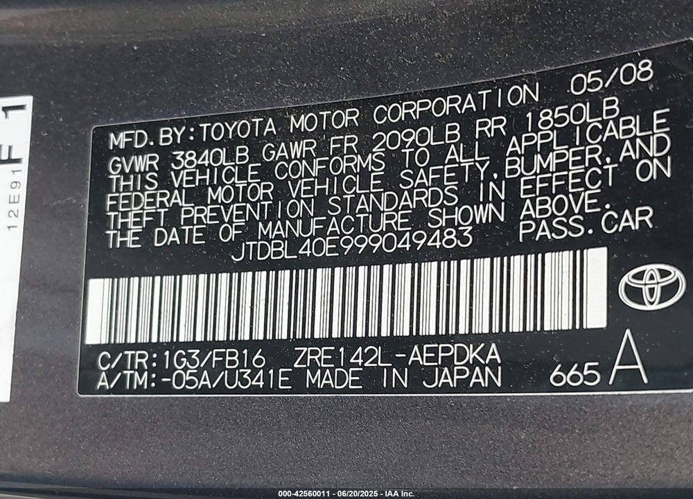 2009 TOYOTA COROLLA VIN: JTDBL40E999049483