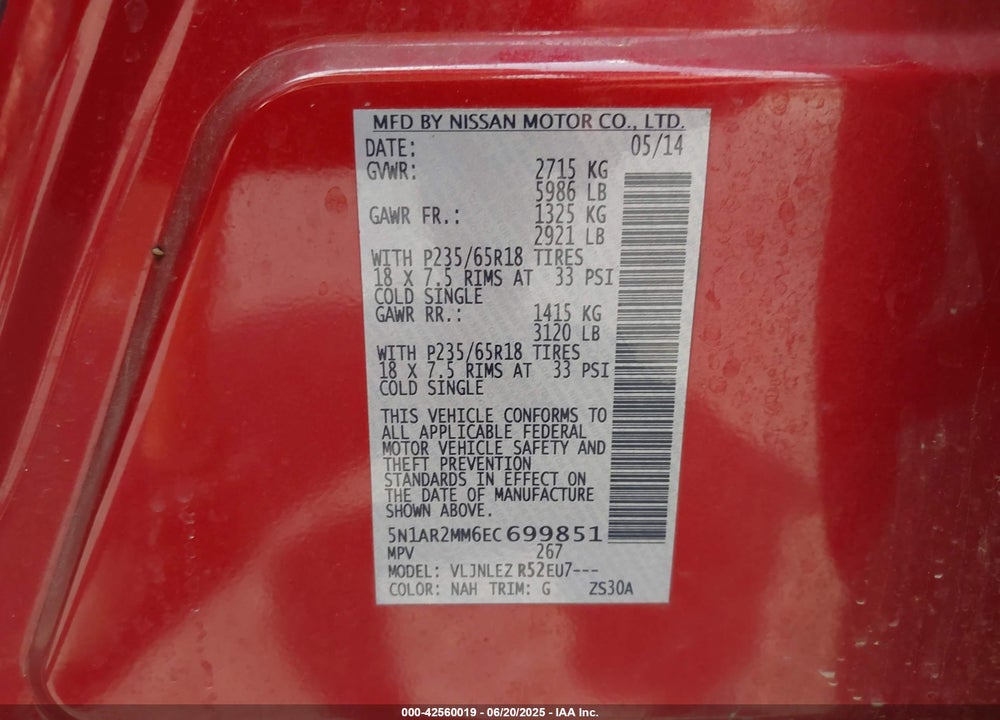 2014 NISSAN PATHFINDER VIN: 5N1AR2MM6EC699851