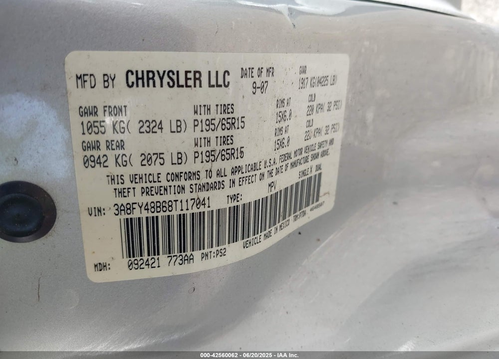 2008 CHRYSLER PT CRUISER VIN: 3A8FY48B68T117041
