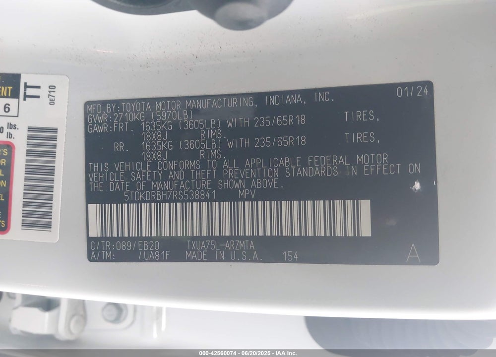 2024 TOYOTA HIGHLANDER VIN: 5TDKDRBH7RS538841