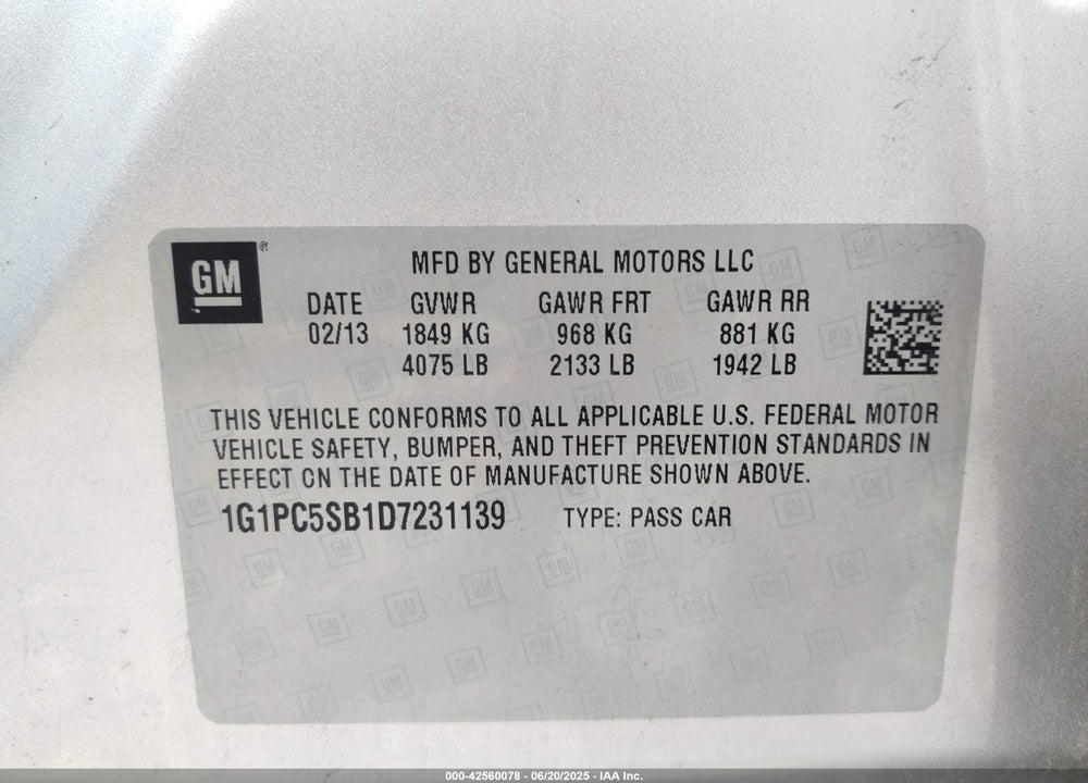 2013 CHEVROLET CRUZE VIN: 1G1PC5SB1D7231139