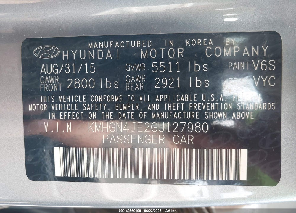 2016 HYUNDAI GENESIS VIN: KMHGN4JE2GU127980