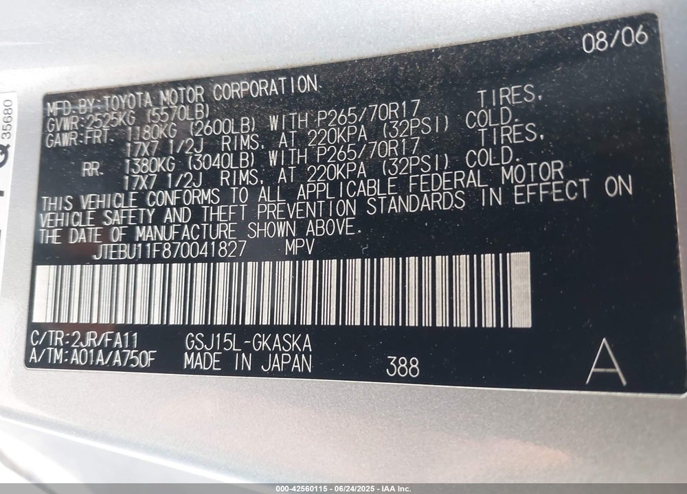 2007 TOYOTA FJ CRUISER VIN: JTEBU11F870041827