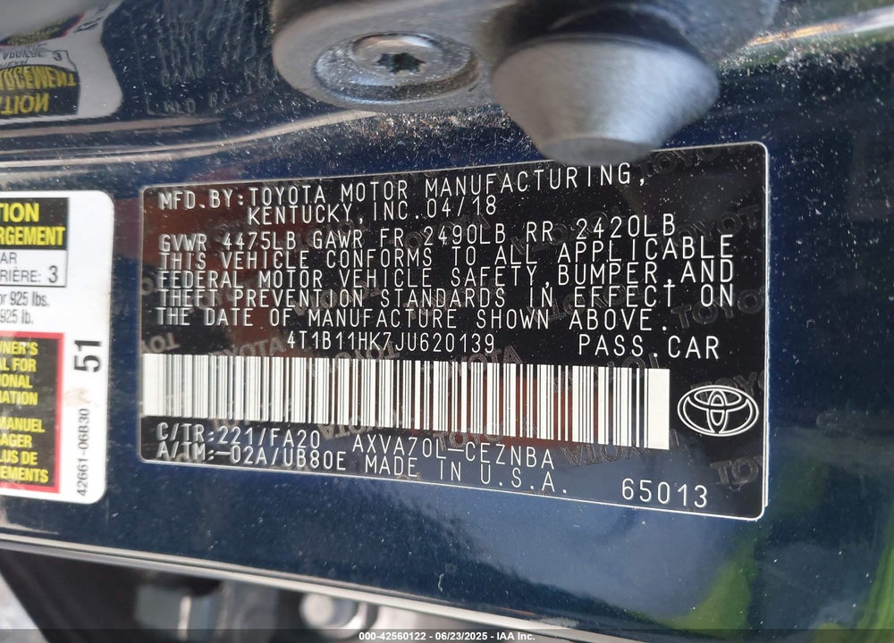 2018 TOYOTA CAMRY VIN: 4T1B11HK7JU620139