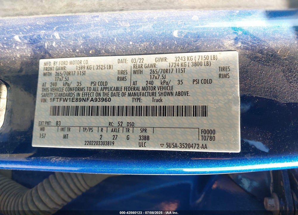 2022 FORD F-150 VIN: 1FTFW1E89NFA93960