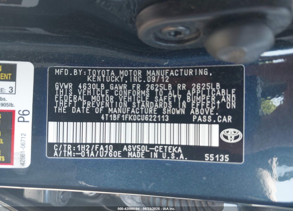 2012 TOYOTA CAMRY VIN: 4T1BF1FK0CU622113