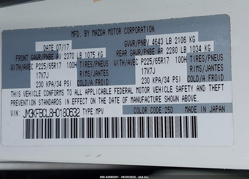 2017 MAZDA CX-5 VIN: JM3KFBCL8H0180632