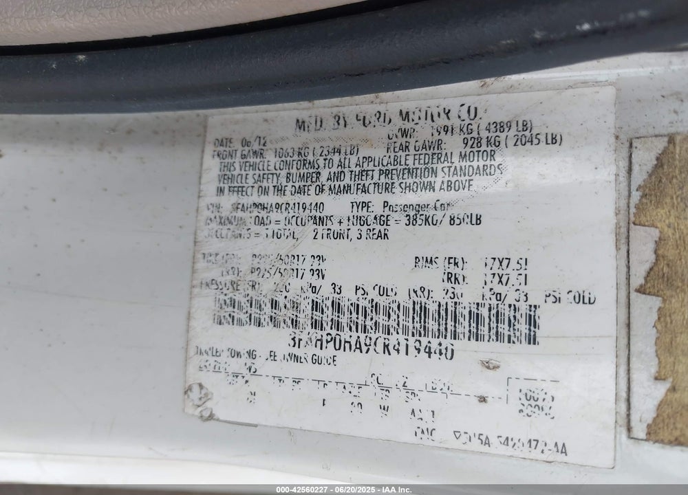 2012 FORD FUSION VIN: 3FAHP0HA9CR419440