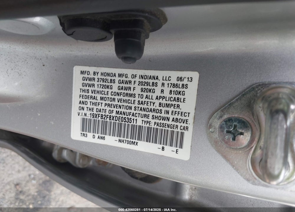2013 HONDA CIVIC VIN: 19XFB2F8XDE053511