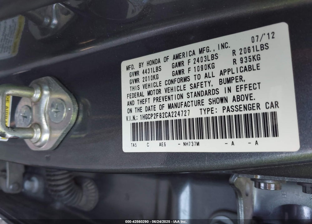 2012 HONDA ACCORD 2.4 EX-L VIN: 1HGCP2F82CA224727