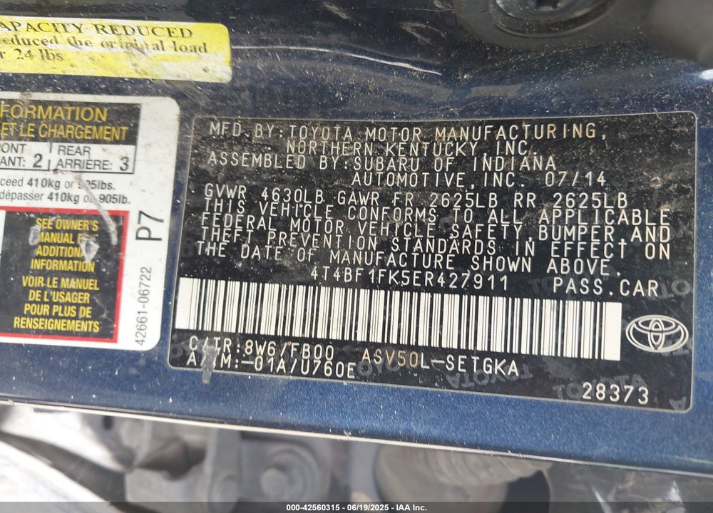 2014 TOYOTA CAMRY VIN: 4T4BF1FK5ER427911
