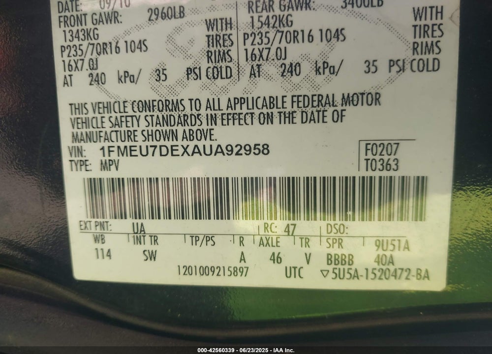 2010 FORD EXPLORER XLT VIN: 1FMEU7DEXAUA92958
