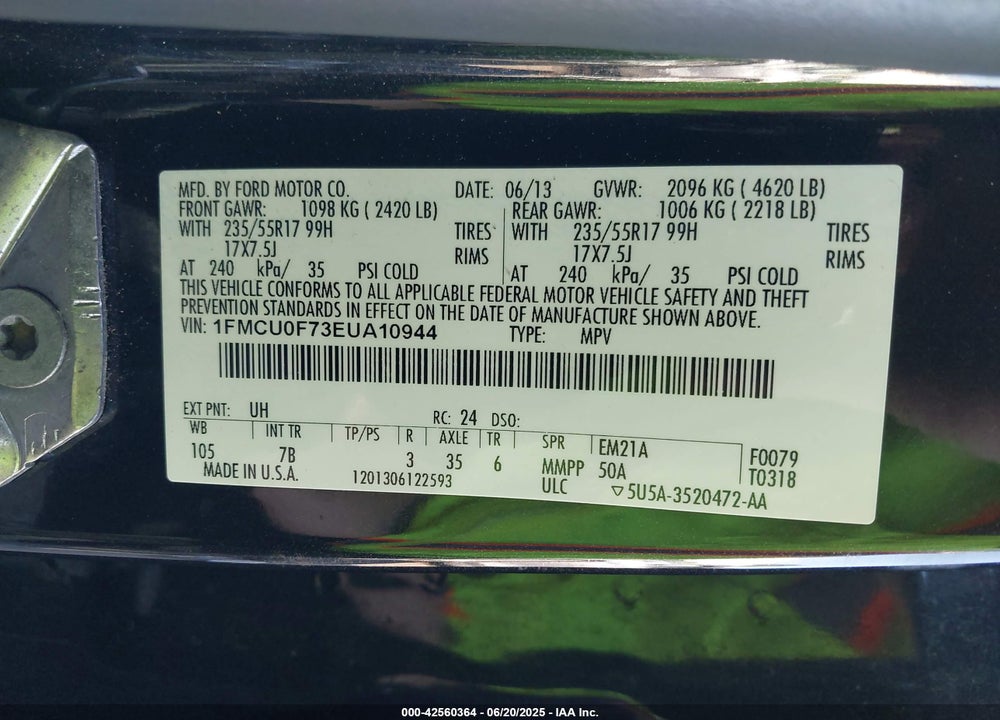 2014 FORD ESCAPE VIN: 1FMCU0F73EUA10944
