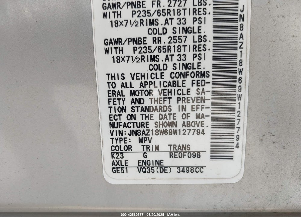 2009 NISSAN MURANO S VIN: JN8AZ18W69W127794