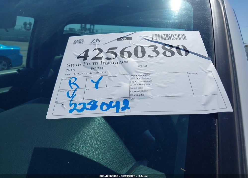 2016 FORD F-250 VIN: 1FTBF2A64GEB52821