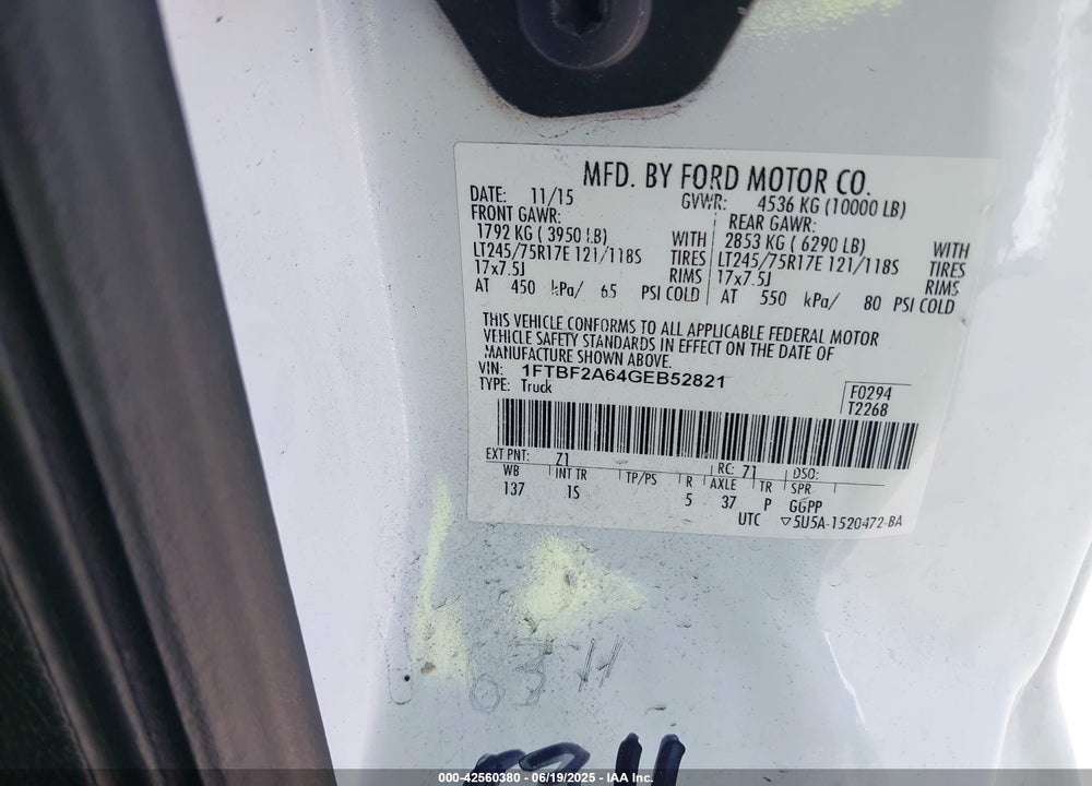 2016 FORD F-250 VIN: 1FTBF2A64GEB52821