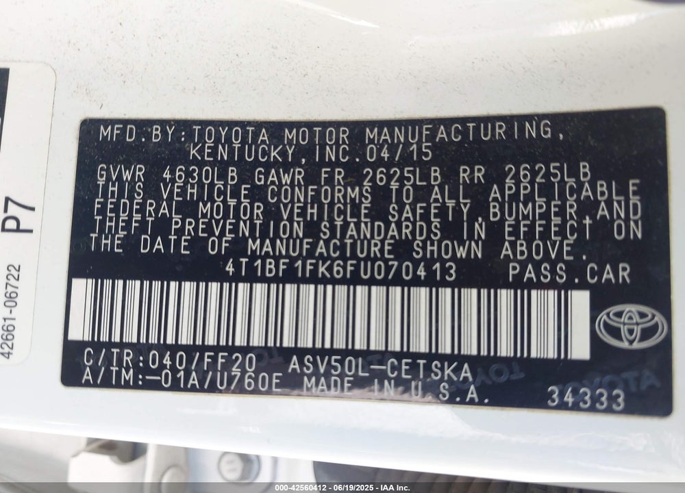 2015 TOYOTA CAMRY VIN: 4T1BF1FK6FU070413