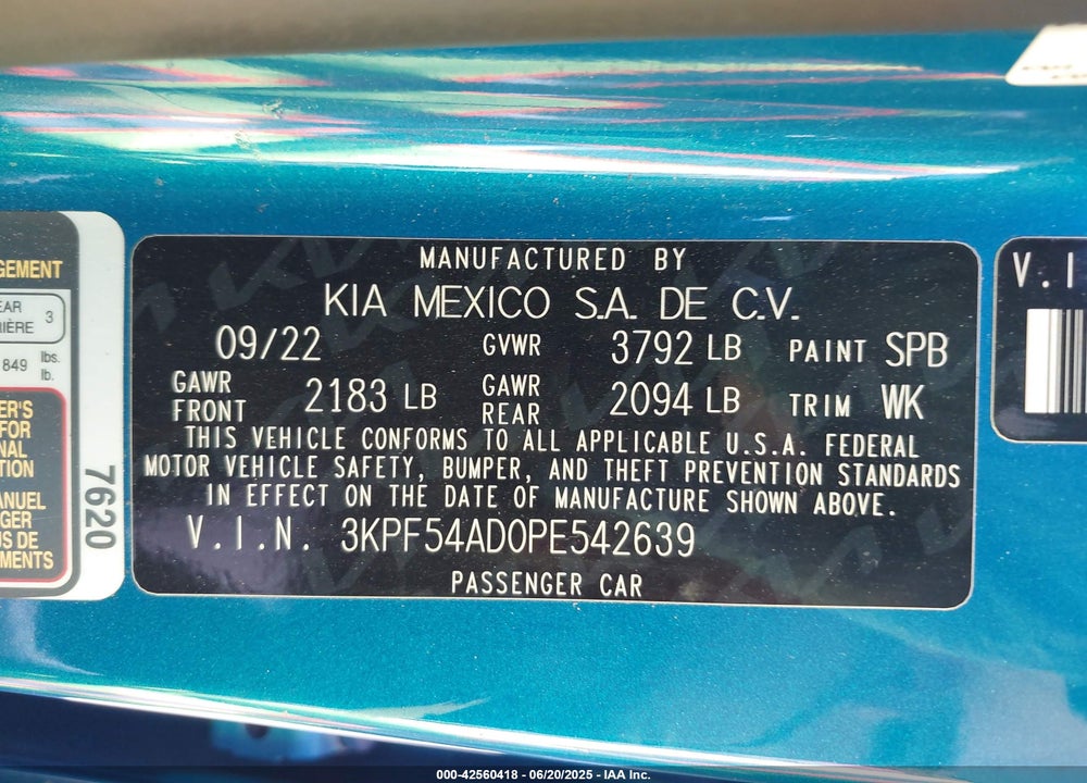 2023 KIA FORTE VIN: 3KPF54AD0PE542639