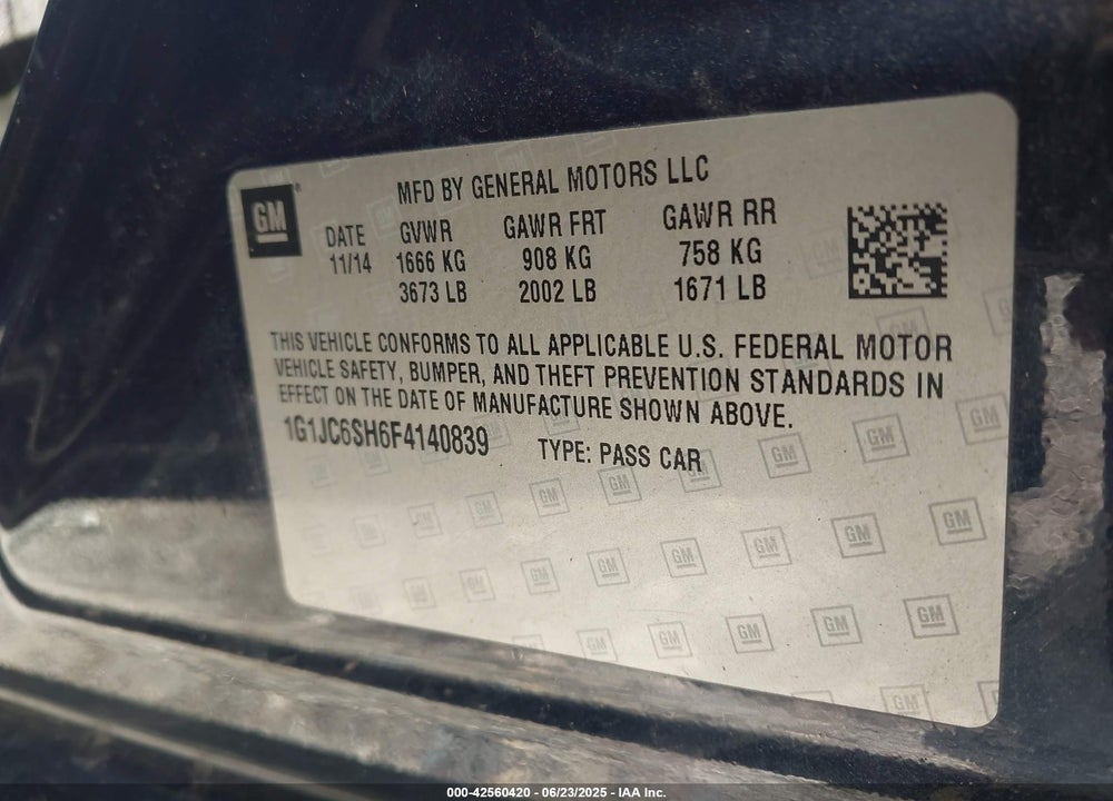 2015 CHEVROLET SONIC VIN: 1G1JC6SH6F4140839